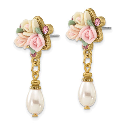 Mode 1928 Schmuck Goldfarben Rosa Kristall Ivory Peach und Porcelain Rose Blume Bouquet Imitat Perle Hängend Ohrstecker