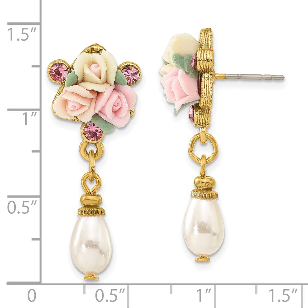 Mode 1928 Schmuck Goldfarben Rosa Kristall Ivory Peach und Porcelain Rose Blume Bouquet Imitat Perle Hängend Ohrstecker
