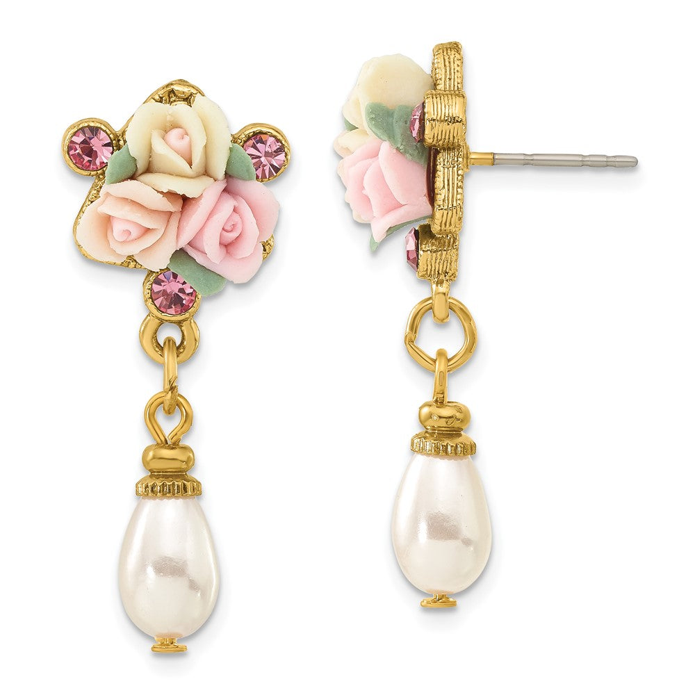 Mode 1928 Schmuck Goldfarben Rosa Kristall Ivory Peach und Porcelain Rose Blume Bouquet Imitat Perle Hängend Ohrstecker