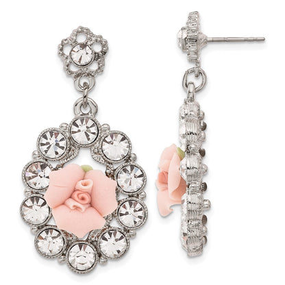 Mode 1928 Silberfarben Weiß Kristall Rosa Porcelain Blume Stecker Ohrhänger