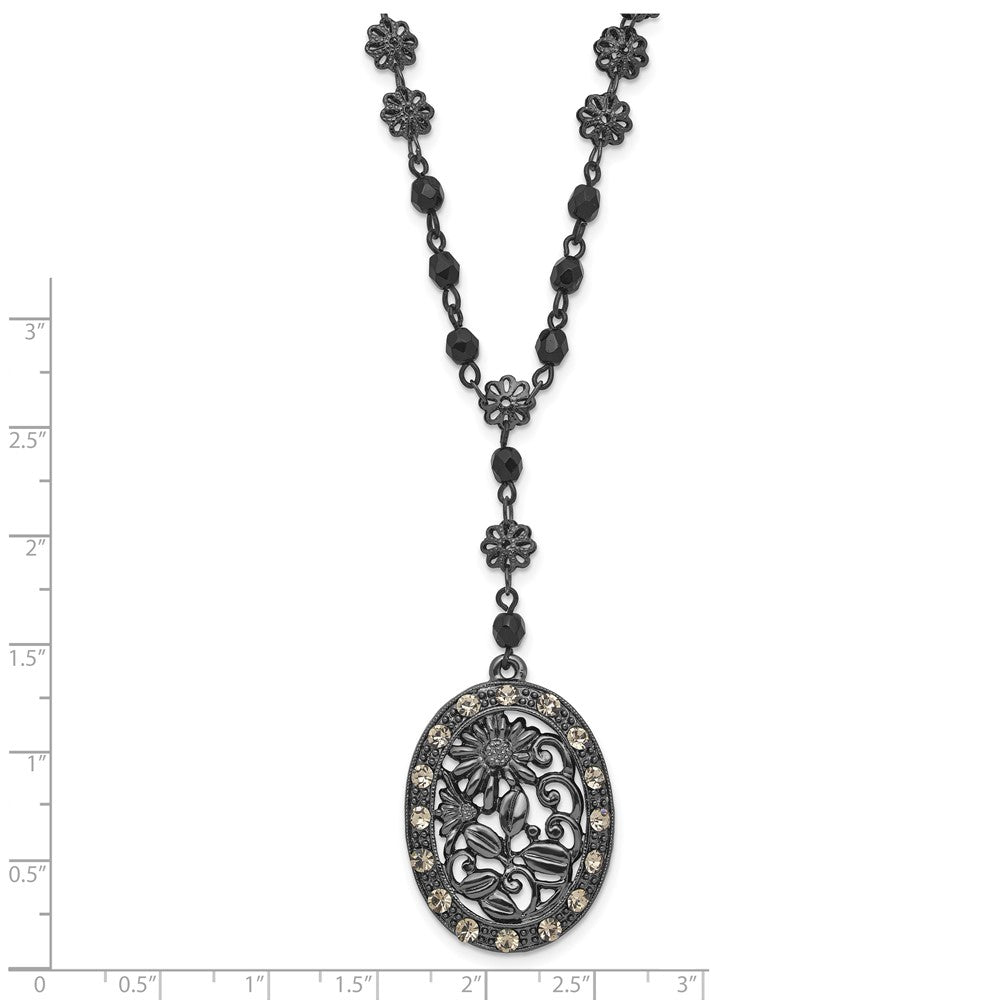 Mode 1928 Schwarz-beschichtet Weiß Kristall & Glas Gekugelt Oval mit 3 Zoll. Verlängerung. Halskette
