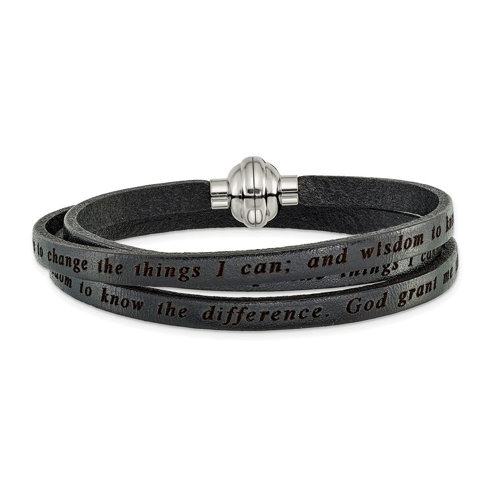 Edelstahl Amen Serenity Gebet Schwarz Leder Wickel mit Magnetic Verschluss 21 Zoll Armband