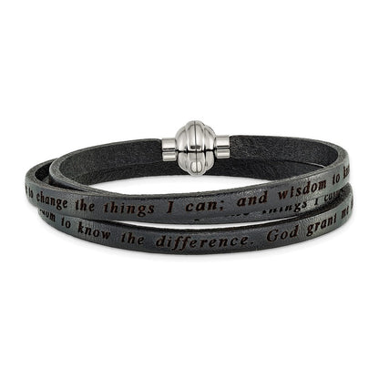 Edelstahl Amen Serenity Gebet Schwarz Leder Wickel mit Magnetic Verschluss 21 Zoll Armband