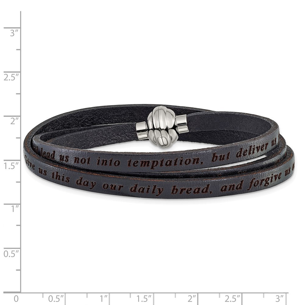 Edelstahl Amen Lord Gebet Schwarz Leder Wickel mit Magnetic Verschluss 22.25 Zoll Armband