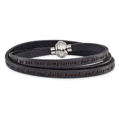 Edelstahl Amen Lord Gebet Schwarz Leder Wickel mit Magnetic Verschluss 22.25 Zoll Armband