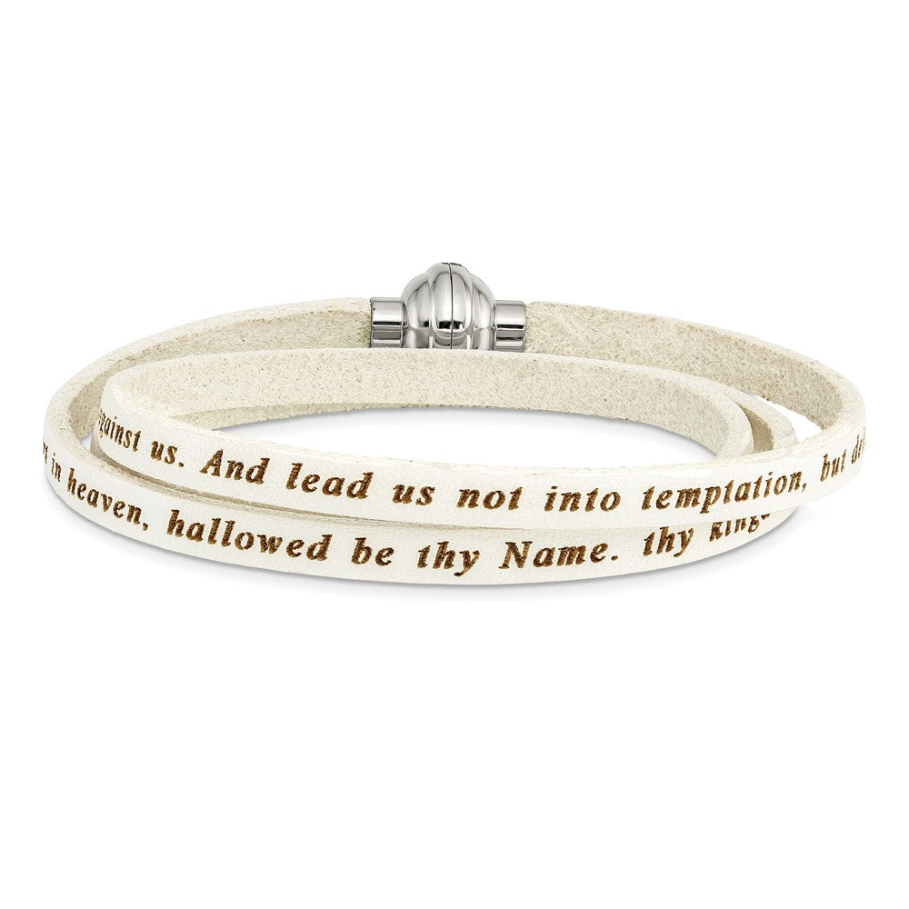 Edelstahl Amen Lord Gebet Weiß Leder Wickel mit Magnetic Verschluss 21 Zoll Armband