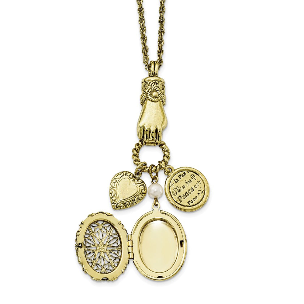 Mode 1928 Schmuck Messingfarben Hand Holding Oval 28mm Medaillon und Poliert Herz Frieden Charm 30 Zoll Halskette Fasst 2 Photos