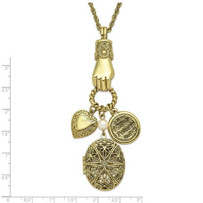 Mode 1928 Schmuck Messingfarben Hand Holding Oval 28mm Medaillon und Poliert Herz Frieden Charm 30 Zoll Halskette Fasst 2 Photos