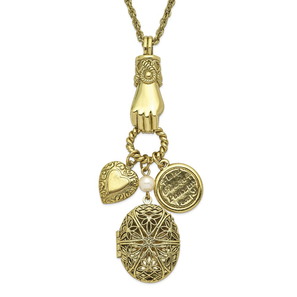 Mode 1928 Schmuck Messingfarben Hand Holding Oval 28mm Medaillon und Poliert Herz Frieden Charm 30 Zoll Halskette Fasst 2 Photos