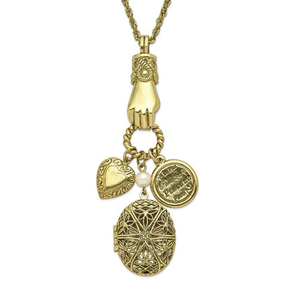 Mode 1928 Schmuck Messingfarben Hand Holding Oval 28mm Medaillon und Poliert Herz Frieden Charm 30 Zoll Halskette Fasst 2 Photos