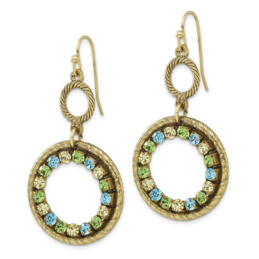 Mode 1928 Schmuck Messingfarben Strukturiert Rahmen Blau Grün und Licht Colorado Kristall Doppelt Kreis Ohrhänger