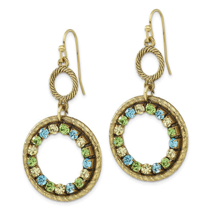 Mode 1928 Schmuck Messingfarben Strukturiert Rahmen Blau Grün und Licht Colorado Kristall Doppelt Kreis Ohrhänger