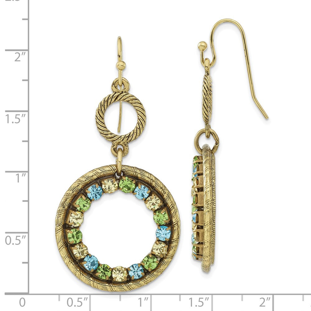 Mode 1928 Schmuck Messingfarben Strukturiert Rahmen Blau Grün und Licht Colorado Kristall Doppelt Kreis Ohrhänger