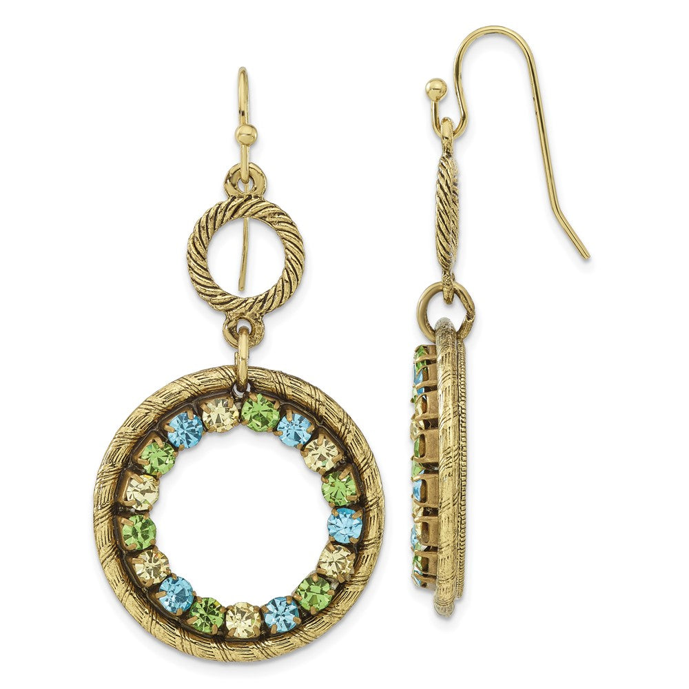 Mode 1928 Schmuck Messingfarben Strukturiert Rahmen Blau Grün und Licht Colorado Kristall Doppelt Kreis Ohrhänger