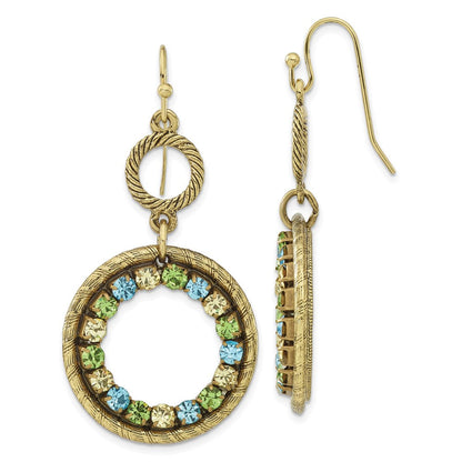 Mode 1928 Schmuck Messingfarben Strukturiert Rahmen Blau Grün und Licht Colorado Kristall Doppelt Kreis Ohrhänger
