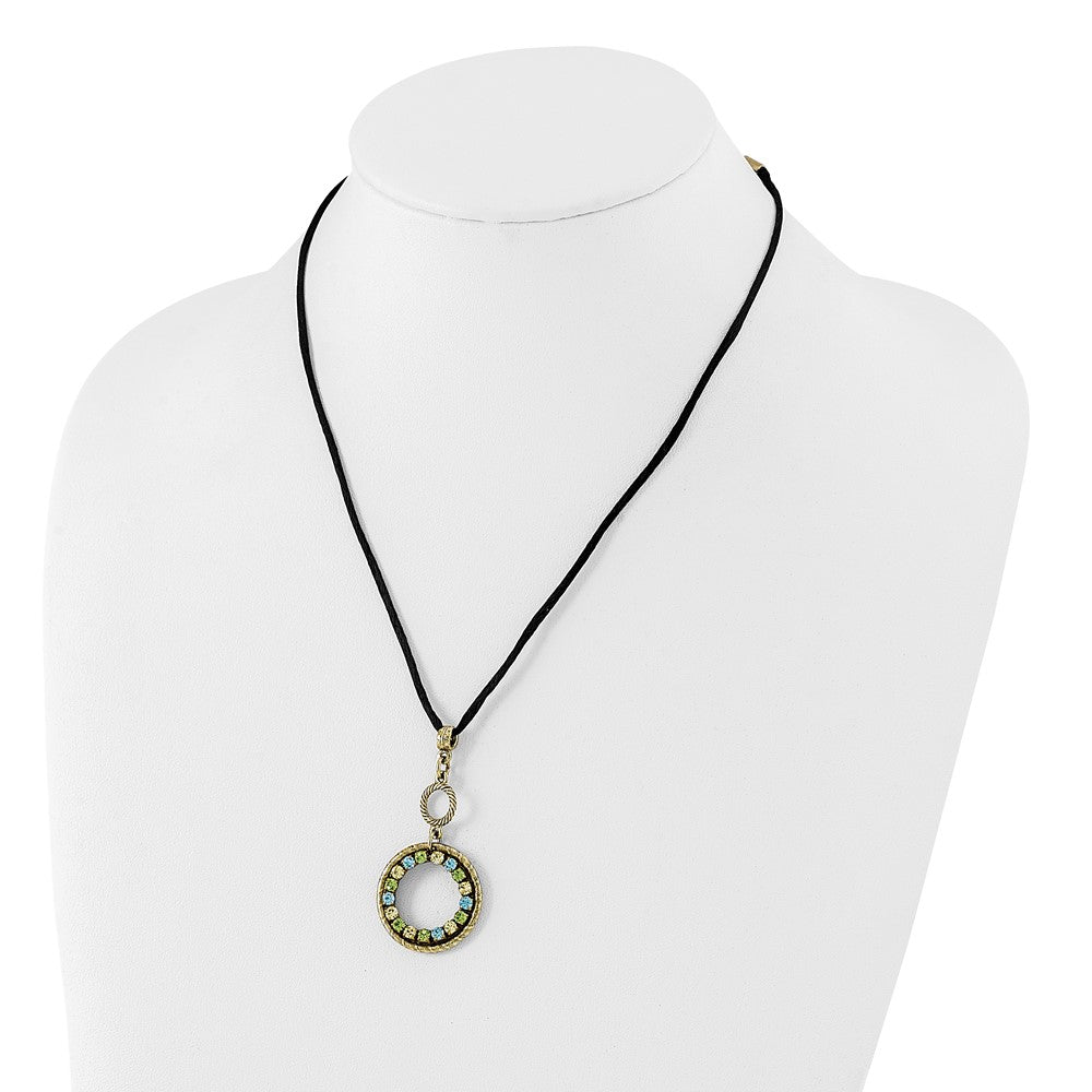 Mode 1928 Schmuck Messingfarben Blau Grün und Licht Colorado Kristall Doppelt Kreis Verstellbar 16 Zoll Satiniert Kordel Halskette mit 3 Verlängerung