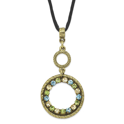 Mode 1928 Schmuck Messingfarben Blau Grün und Licht Colorado Kristall Doppelt Kreis Verstellbar 16 Zoll Satiniert Kordel Halskette mit 3 Verlängerung