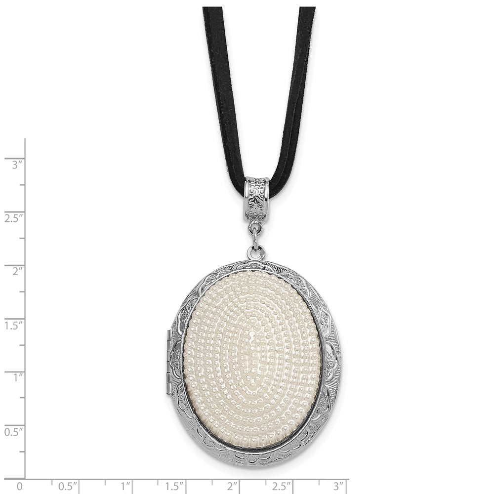 Mode 1928 Schmuck Silberfarben Rahmen Imitat Acrylic Perle Oval 46mm Medaillon 30 Zoll Faux Suede Kordel Halskette Fasst 2 Photos