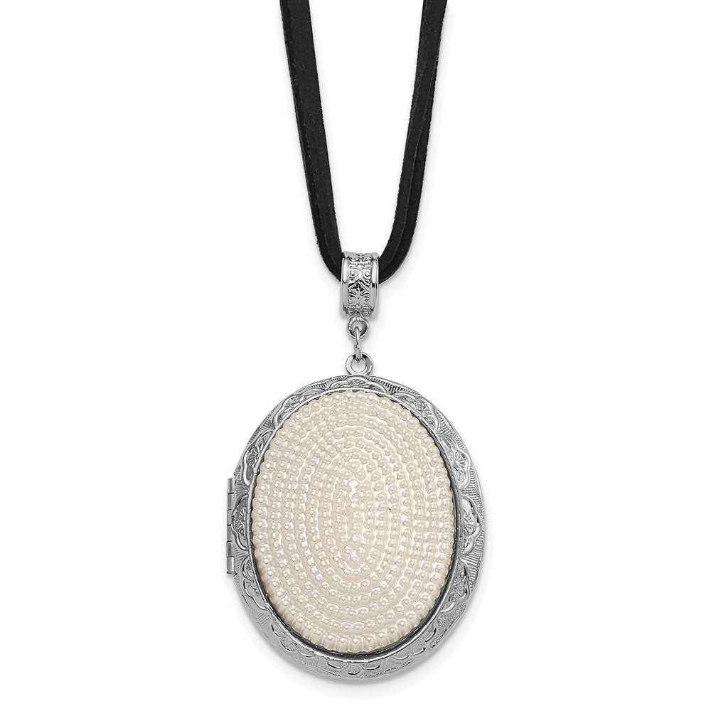 Mode 1928 Schmuck Silberfarben Rahmen Imitat Acrylic Perle Oval 46mm Medaillon 30 Zoll Faux Suede Kordel Halskette Fasst 2 Photos