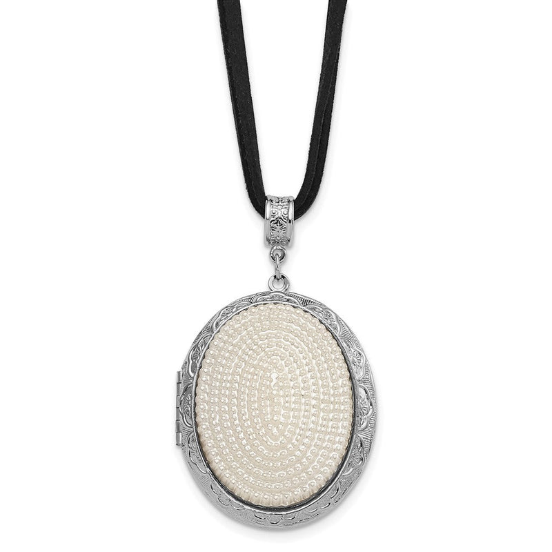 Mode 1928 Schmuck Silberfarben Rahmen Imitat Acrylic Perle Oval 46mm Medaillon 30 Zoll Faux Suede Kordel Halskette Fasst 2 Photos