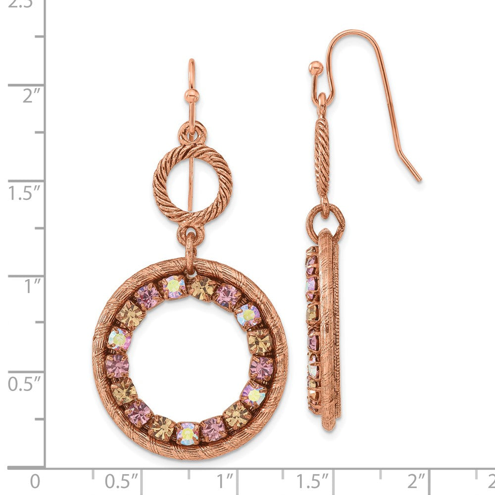 Mode 1928 Schmuck Copper-tone Strukturiert Rahmen Lila Rosa und Colorado Kristall Doppelt Kreis Ohrhänger