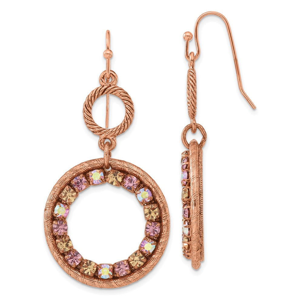 Mode 1928 Schmuck Copper-tone Strukturiert Rahmen Lila Rosa und Colorado Kristall Doppelt Kreis Ohrhänger