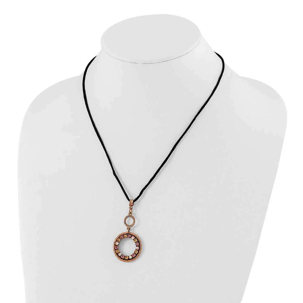 Mode 1928 Schmuck Copper-tone Rosa Lila und Colorado Kristall Doppelt Kreis Verstellbar 16 Zoll Satiniert Kordel Halskette mit 3 Verlängerung