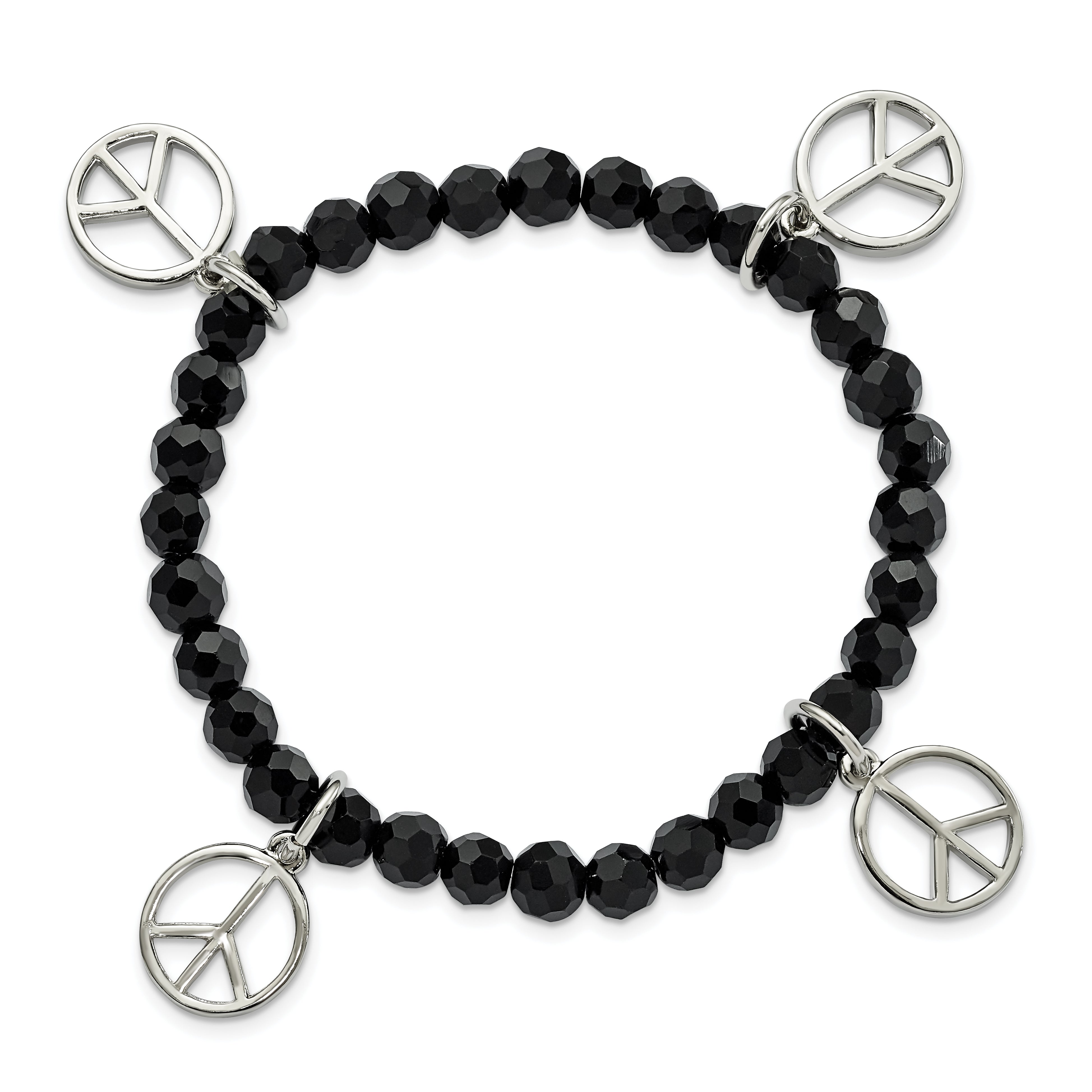Mode 1928 Schmuck Silberfarben Frieden Charms auf Jet Schwarz Kristall Facettiert Gekugelt Dehnbar Armband