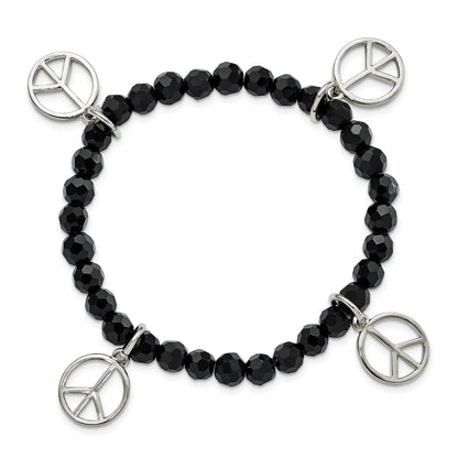 Mode 1928 Schmuck Silberfarben Frieden Charms auf Jet Schwarz Kristall Facettiert Gekugelt Dehnbar Armband