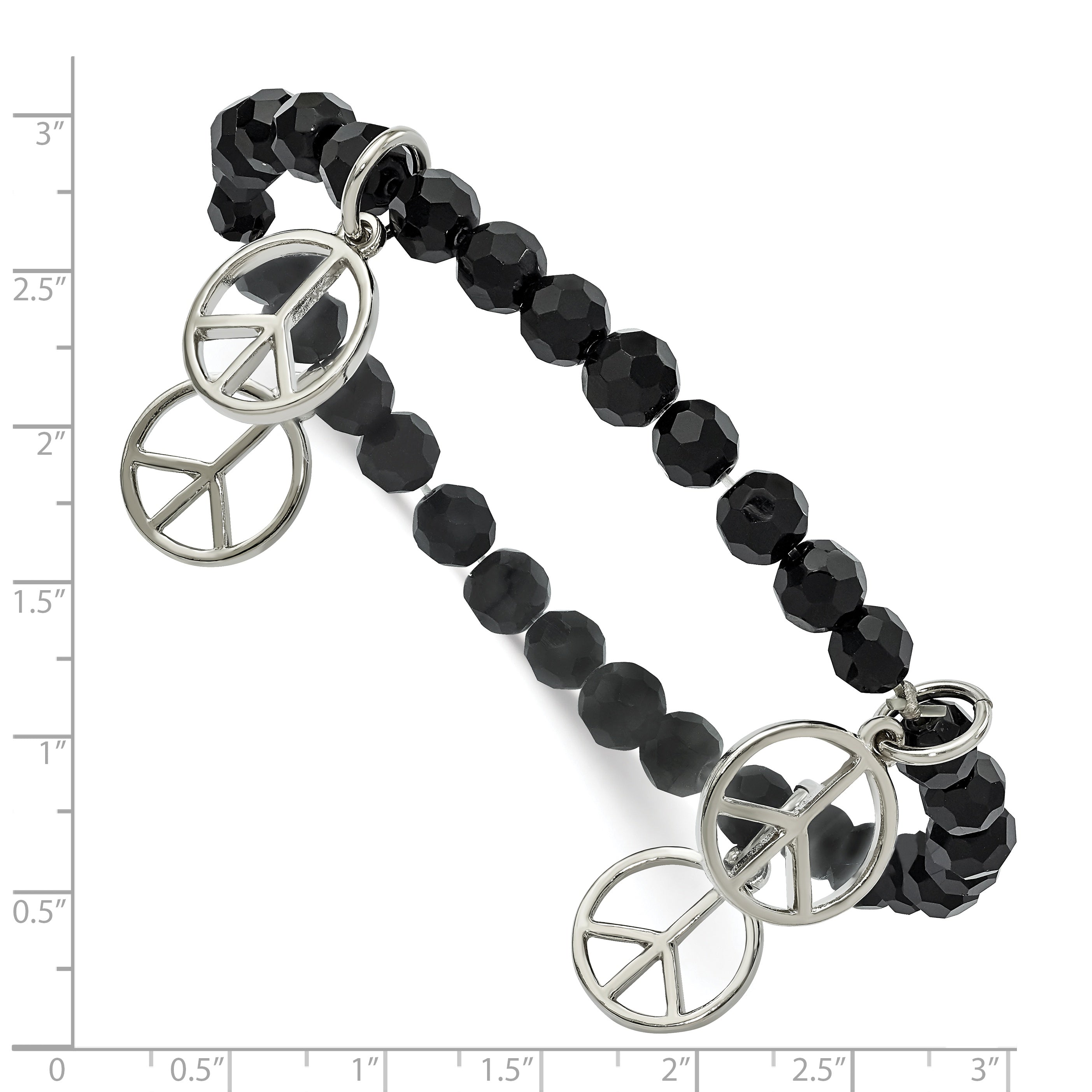 Mode 1928 Schmuck Silberfarben Frieden Charms auf Jet Schwarz Kristall Facettiert Gekugelt Dehnbar Armband
