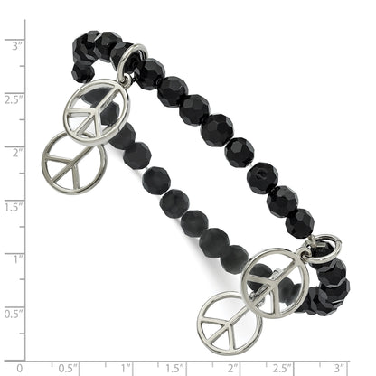 Mode 1928 Schmuck Silberfarben Frieden Charms auf Jet Schwarz Kristall Facettiert Gekugelt Dehnbar Armband