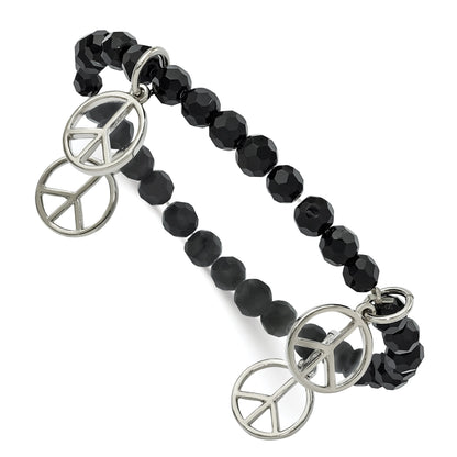 Mode 1928 Schmuck Silberfarben Frieden Charms auf Jet Schwarz Kristall Facettiert Gekugelt Dehnbar Armband