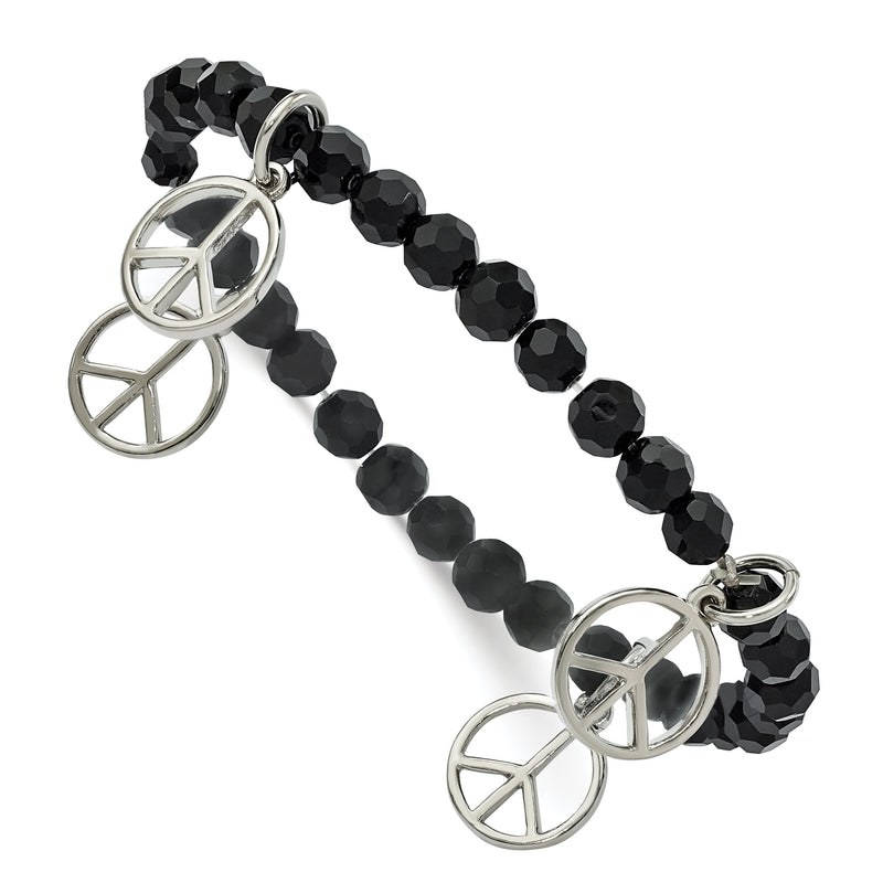 Mode 1928 Schmuck Silberfarben Frieden Charms auf Jet Schwarz Kristall Facettiert Gekugelt Dehnbar Armband