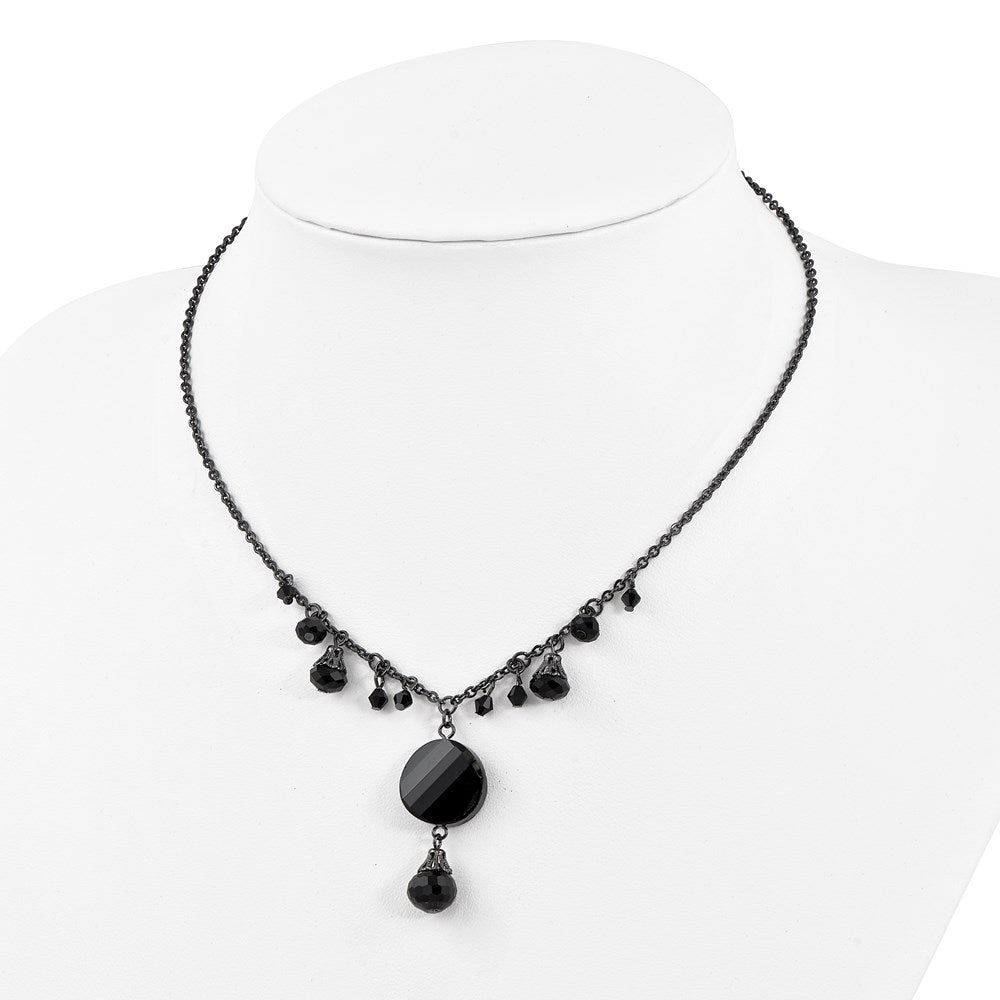 Mode 1928 Schmuck Schwarz-beschichtet Jet Schwarz Facettiert Glas Hängend Perlen 16 Zoll Halskette mit 3 Verlängerung
