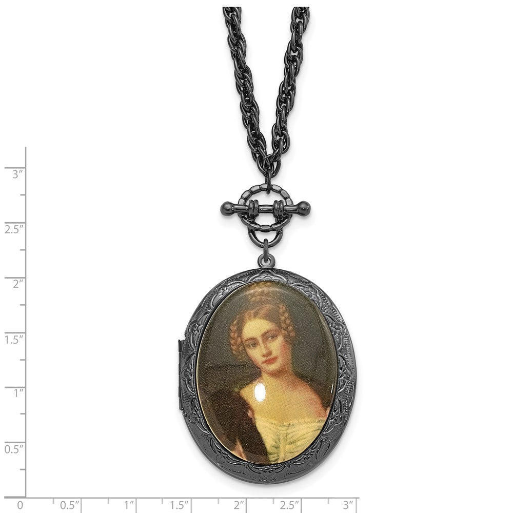 Mode 1928 Schmuck Schwarz-beschichtet 47mm Oval Medaillon mit Victorian Woman 30 Zoll Halskette Fasst 2 Photos