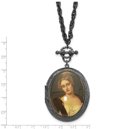 Mode 1928 Schmuck Schwarz-beschichtet 47mm Oval Medaillon mit Victorian Woman 30 Zoll Halskette Fasst 2 Photos