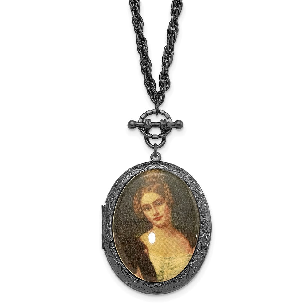 Mode 1928 Schmuck Schwarz-beschichtet 47mm Oval Medaillon mit Victorian Woman 30 Zoll Halskette Fasst 2 Photos