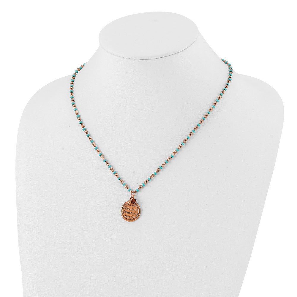 Mode 1928 Schmuck Copper-tone und Aqua Acrylic Perle Glieder Braun Poliert Frieden Anhänger 16 in Halskette mit 3 Zoll Verlängerung
