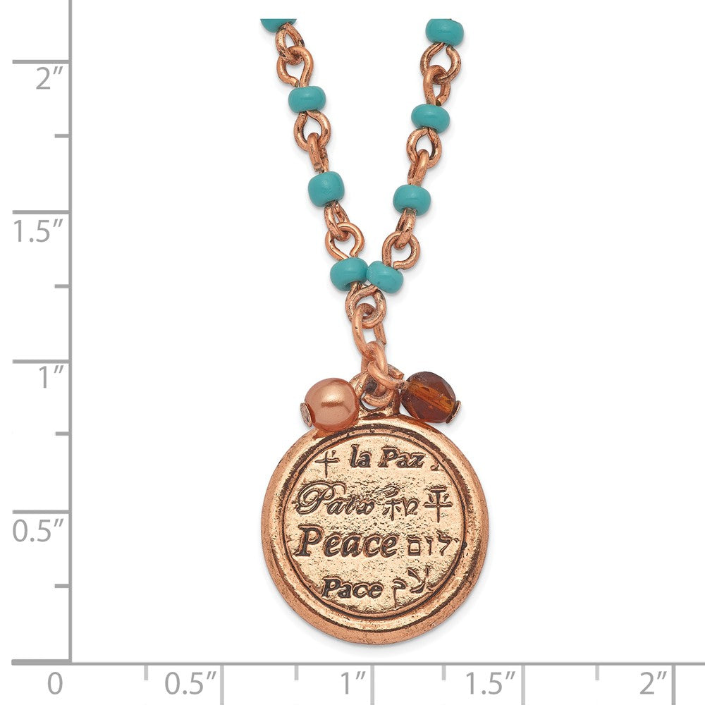 Mode 1928 Schmuck Copper-tone und Aqua Acrylic Perle Glieder Braun Poliert Frieden Anhänger 16 in Halskette mit 3 Zoll Verlängerung