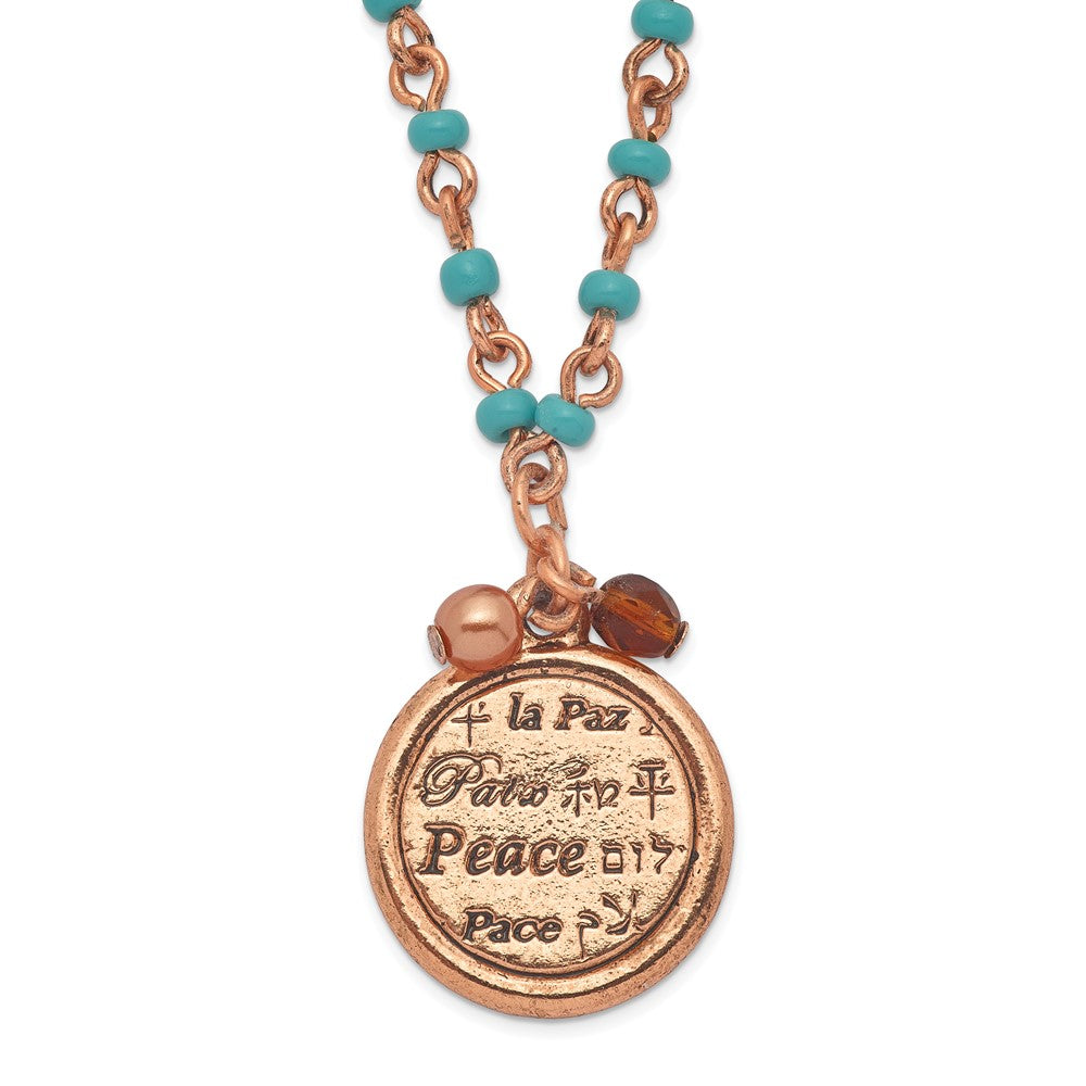 Mode 1928 Schmuck Copper-tone und Aqua Acrylic Perle Glieder Braun Poliert Frieden Anhänger 16 in Halskette mit 3 Zoll Verlängerung