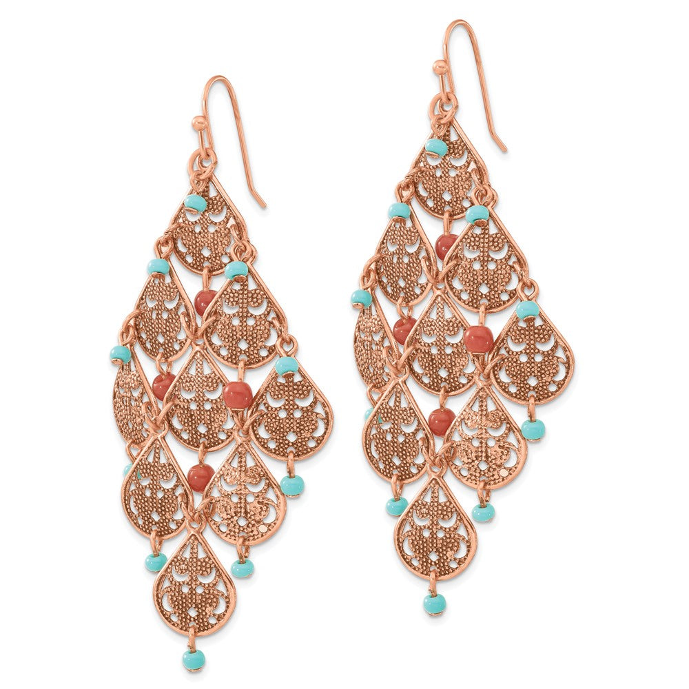 Mode 1928 Schmuck Copper-tone Filigran Tropfen Geformt und Aqua Braun Acrylic Perlen Hängend Chandelier Ohrringe