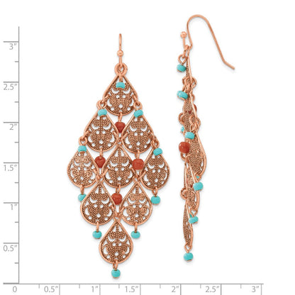 Mode 1928 Schmuck Copper-tone Filigran Tropfen Geformt und Aqua Braun Acrylic Perlen Hängend Chandelier Ohrringe