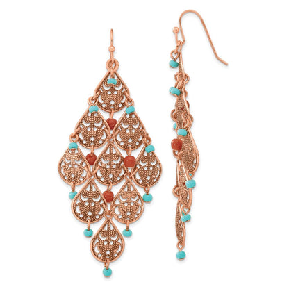 Mode 1928 Schmuck Copper-tone Filigran Tropfen Geformt und Aqua Braun Acrylic Perlen Hängend Chandelier Ohrringe
