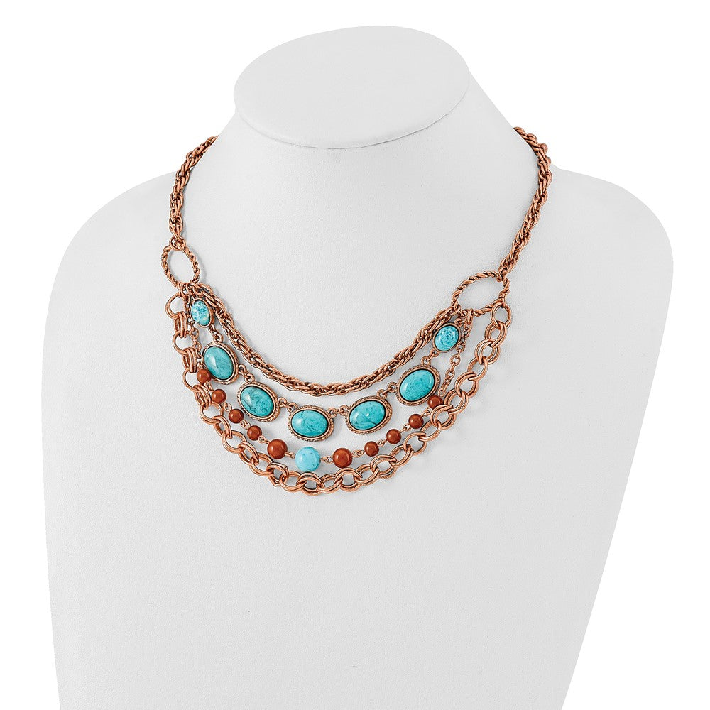 Mode 1928 Schmuck Copper-tone Strukturiert Glieder Aqua und Braun Acrylic Perlen Abgestuft Vier Reihe 16 Zoll Halskette mit 3 Verlängerung