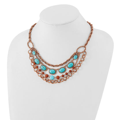 Mode 1928 Schmuck Copper-tone Strukturiert Glieder Aqua und Braun Acrylic Perlen Abgestuft Vier Reihe 16 Zoll Halskette mit 3 Verlängerung