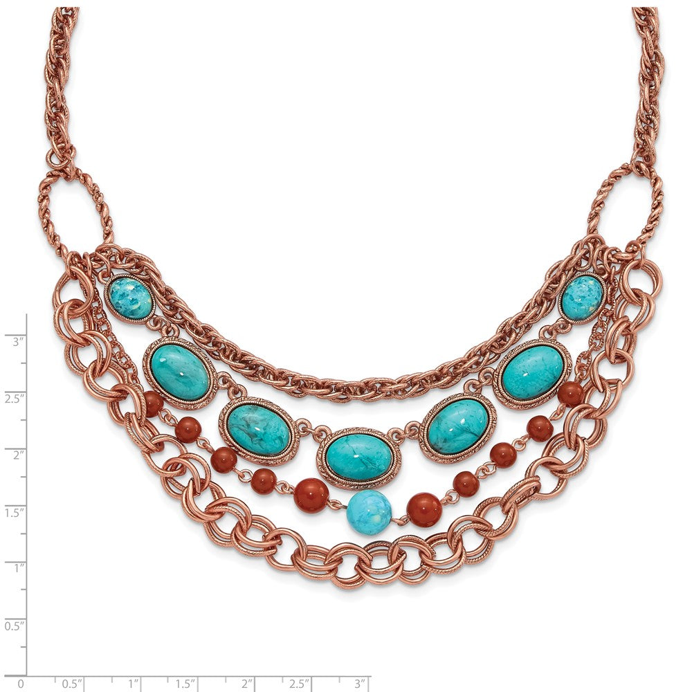 Mode 1928 Schmuck Copper-tone Strukturiert Glieder Aqua und Braun Acrylic Perlen Abgestuft Vier Reihe 16 Zoll Halskette mit 3 Verlängerung
