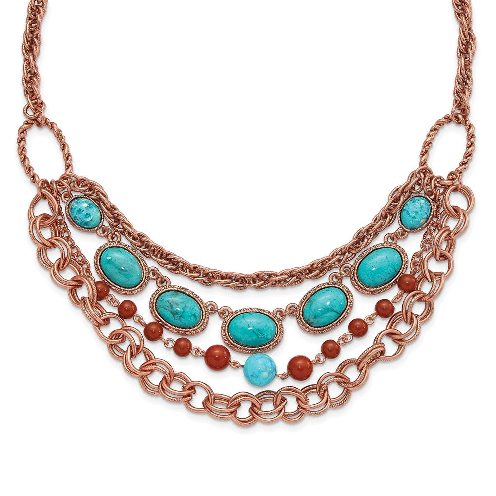 Mode 1928 Schmuck Copper-tone Strukturiert Glieder Aqua und Braun Acrylic Perlen Abgestuft Vier Reihe 16 Zoll Halskette mit 3 Verlängerung