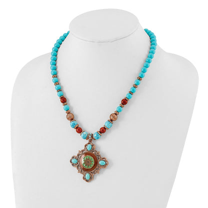 Mode 1928 Schmuck Copper-tone Rahmen und Perlen Braun Aqua Emaille Acrylic 16 Zoll Halskette mit 3 Verlängerung