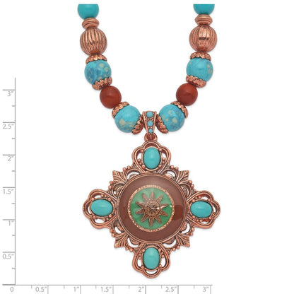 Mode 1928 Schmuck Copper-tone Rahmen und Perlen Braun Aqua Emaille Acrylic 16 Zoll Halskette mit 3 Verlängerung