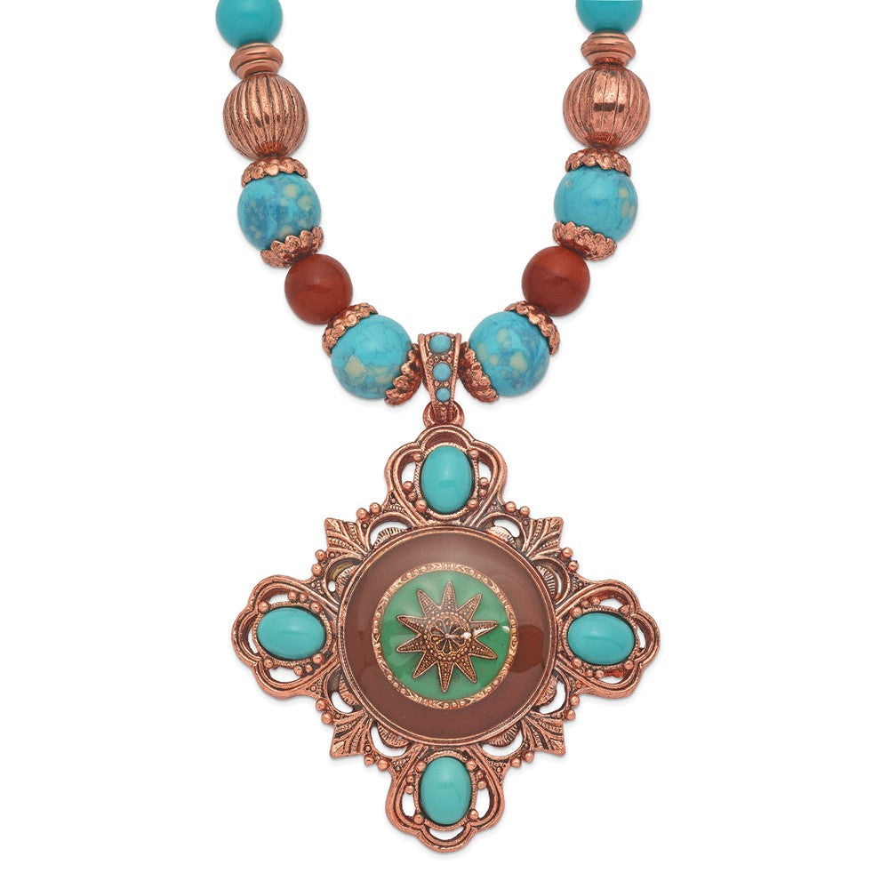 Mode 1928 Schmuck Copper-tone Rahmen und Perlen Braun Aqua Emaille Acrylic 16 Zoll Halskette mit 3 Verlängerung